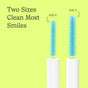 Two blue Great Gums Brush interdental cleaners by COCOLAB with white handles are shown on a yellow background. Labeled Size 0 and Size 2, they gently care for gums. Text: Two Sizes Clean Most Smiles.