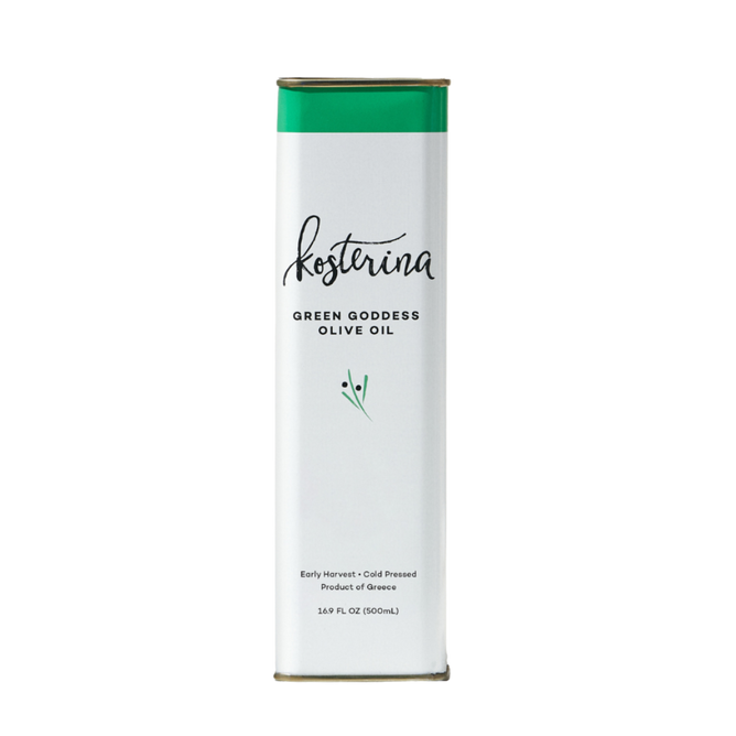 A rectangular tin of Kosterina Green Goddess Olive Oil features a white and green design with elegant script and simple graphics. The tin has a 16.9 fl oz (500 mL) capacity and is made in Greece.