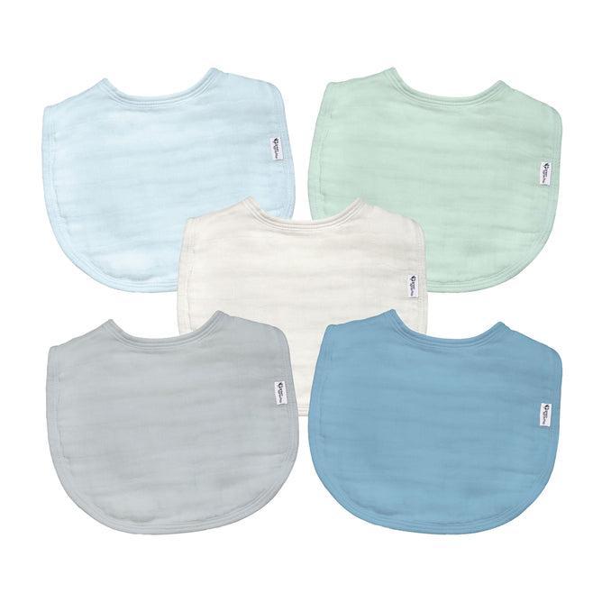 Five Green Sprouts hypoallergenic baby bibs are displayed in a semicircle, featuring pastel shades of light blue, mint green, cream, grey, and teal. Each is made from 100% certified organic cotton muslin with subtle patterns and a small side tag.