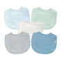 Five Green Sprouts hypoallergenic baby bibs are displayed in a semicircle, featuring pastel shades of light blue, mint green, cream, grey, and teal. Each is made from 100% certified organic cotton muslin with subtle patterns and a small side tag.
