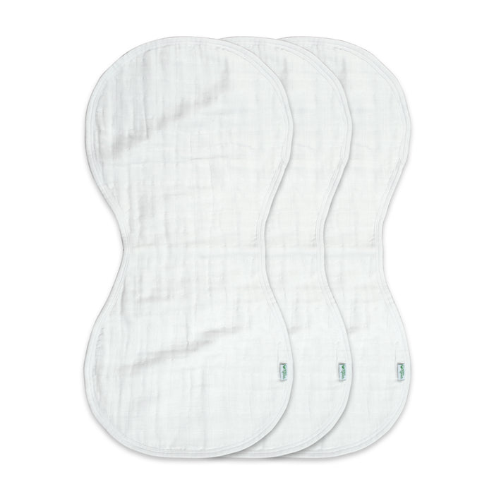 Three 100% Certified Organic Cotton Muslin Burp Cloths by Green Sprouts are displayed overlapping each other, showcasing their soft, quilted texture. Crafted for gentle baby care, they feature small tags on one edge.