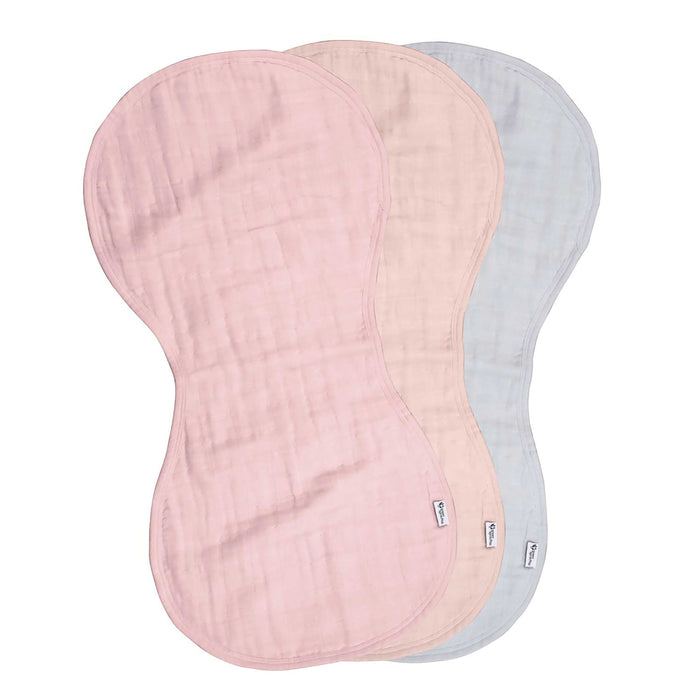 Three Green Sprouts burp cloths in pink, beige, and light blue overlap elegantly on a white background. Crafted from 100% certified organic cotton muslin with an hourglass shape and textured fabric.