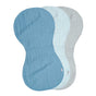 Three Green Sprouts hypoallergenic burp cloths, in dark blue, light blue, and gray, are arranged with a charming overlap. Made from 100% Certified Organic Cotton Muslin, they feature a peanut-shaped design and textured surface.