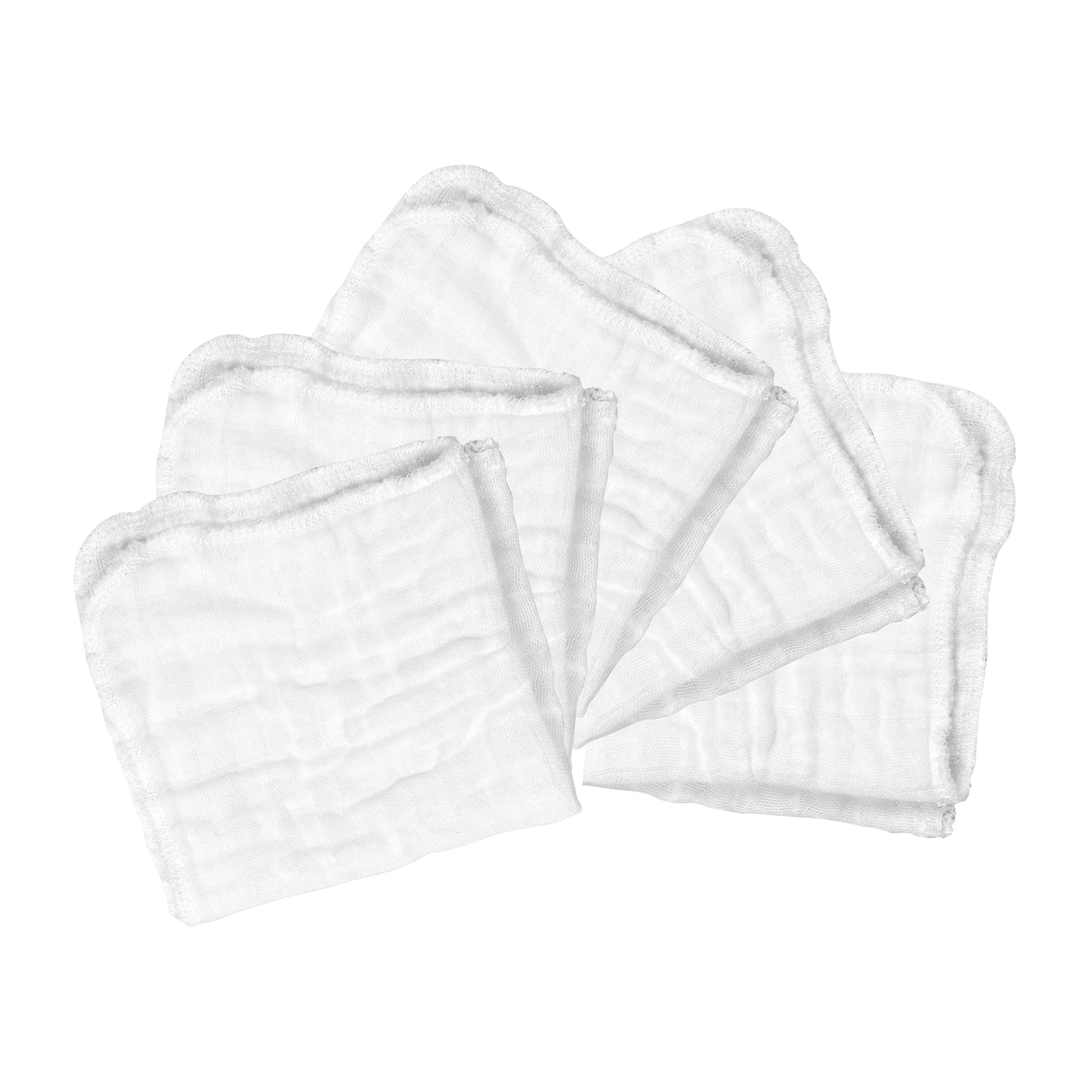 Five Green Sprouts 100% Certified Organic Cotton All Purpose Cloth Wipes are displayed in a semi-circle on a white background. They feature a subtle scalloped edge, and the chemical-free fabric looks soft and textured, reassuring eco-conscious parents.