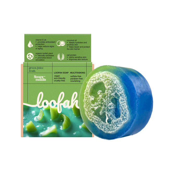 The Green Juice Froth Exfoliating Loofah Bar Soap by Soapymania is a round, blue and green vegan soap with a visible loofah sponge, shown beside its green, plastic-free box highlighting key ingredients and benefits.