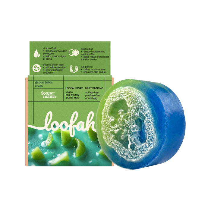 The Green Juice Froth Exfoliating Loofah Bar Soap by Soapymania is a round, blue and green vegan soap with a visible loofah sponge, shown beside its green, plastic-free box highlighting key ingredients and benefits.