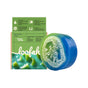 The Green Juice Froth Exfoliating Loofah Bar Soap by Soapymania is a round, blue and green vegan soap with a visible loofah sponge, shown beside its green, plastic-free box highlighting key ingredients and benefits.