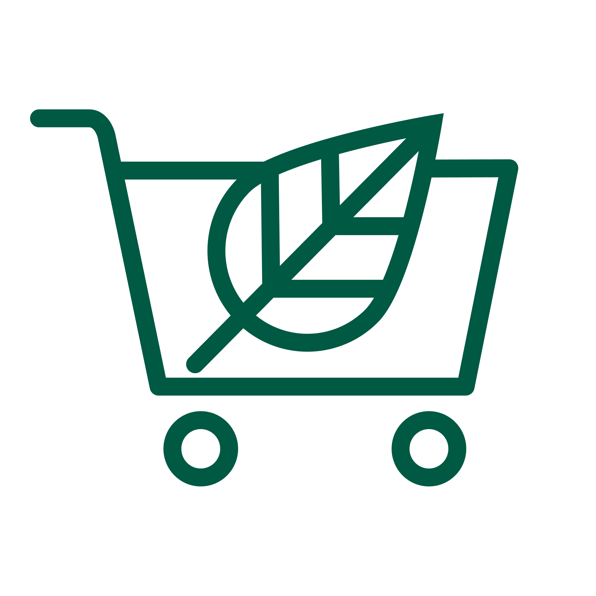 A simple green line drawing of a shopping cart with a large leaf inside, symbolizing eco-friendly or sustainable shopping.