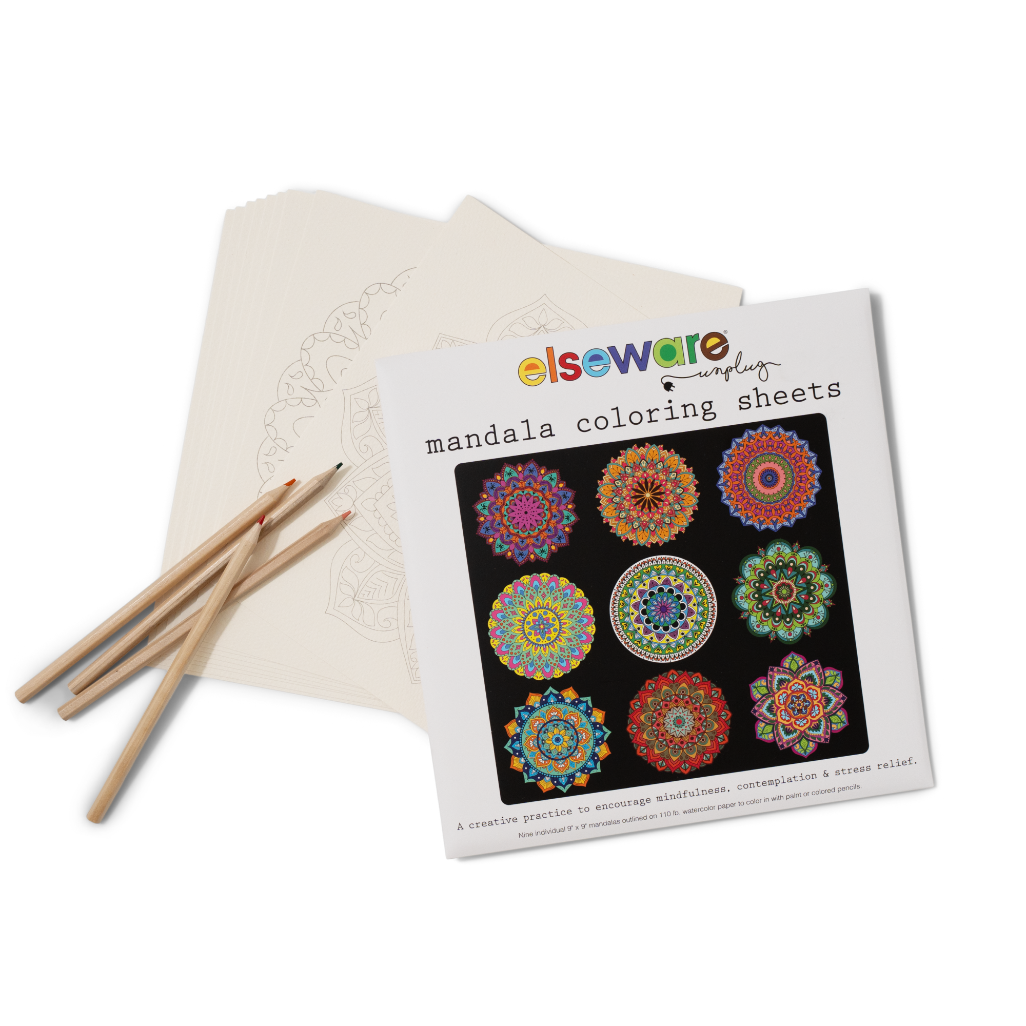 A set of mandala coloring sheets with intricate designs, three colored pencils, and a cover showing nine colorful mandalas on a black background, branded Elseware.