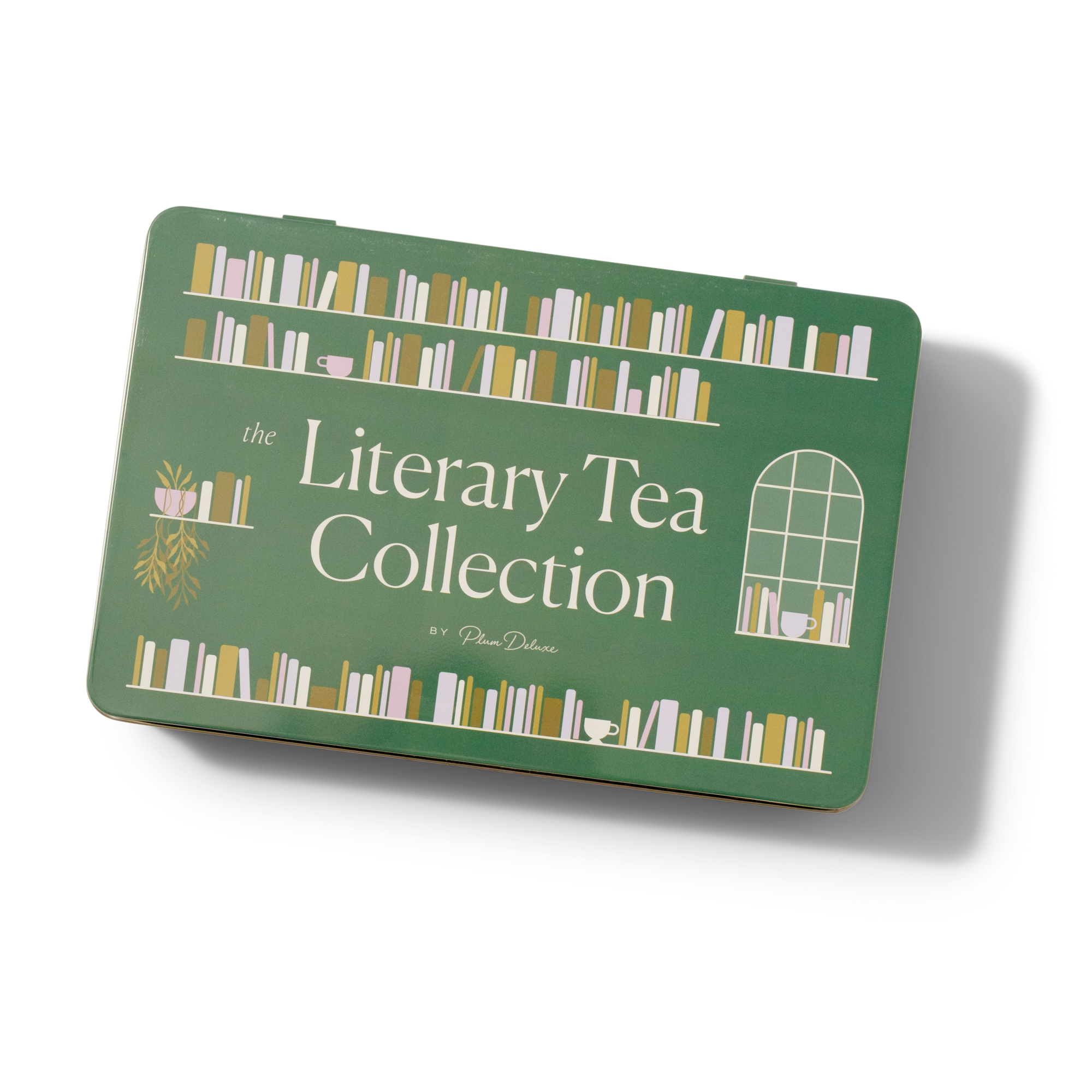 A green tin box labeled The Literary Tea Collection with illustrations of bookshelves, cups, plants, and a window, all on a white background.