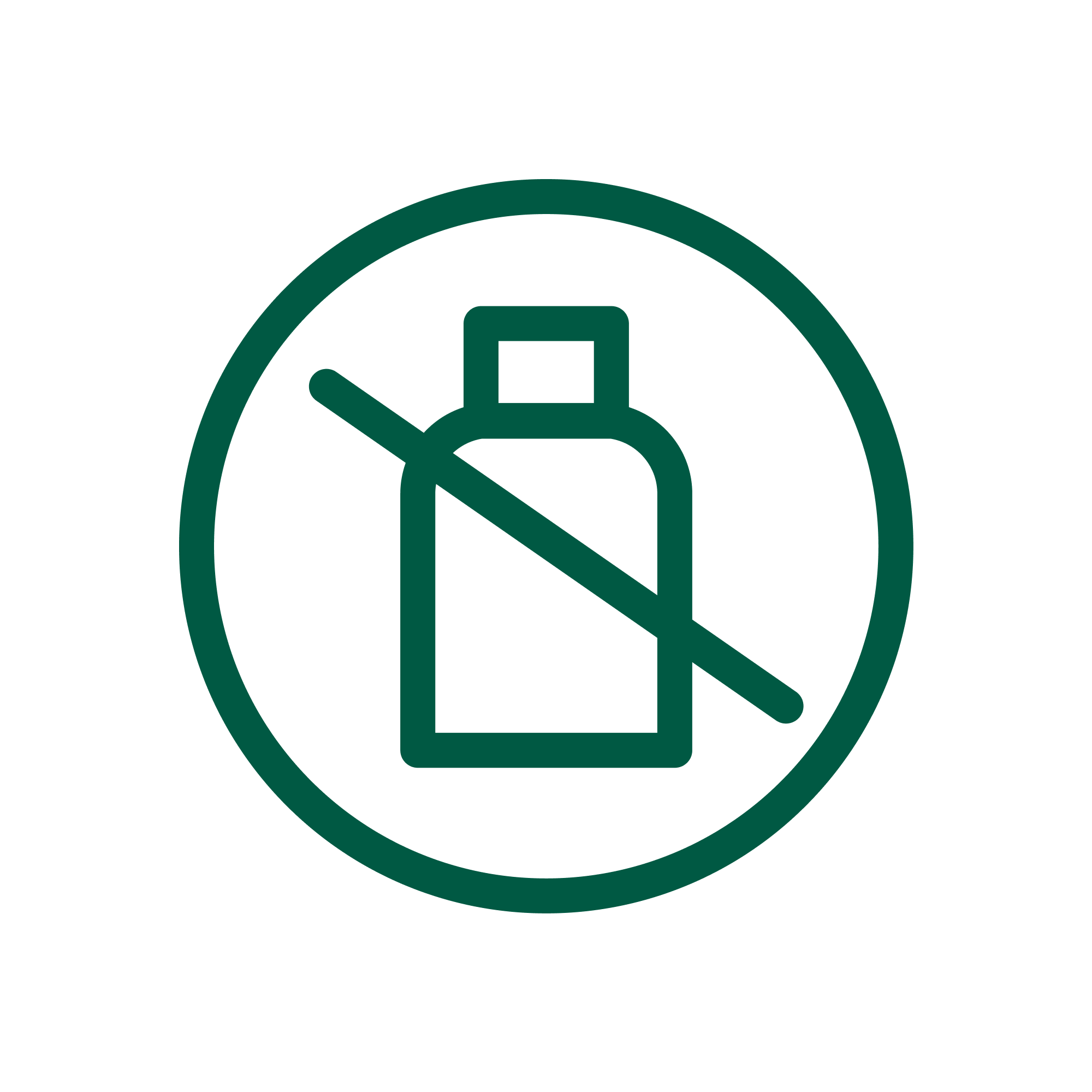 A green line drawing of a cup with a diagonal line through it, enclosed in a circle, symbolizing no drinks allowed or no beverages permitted.