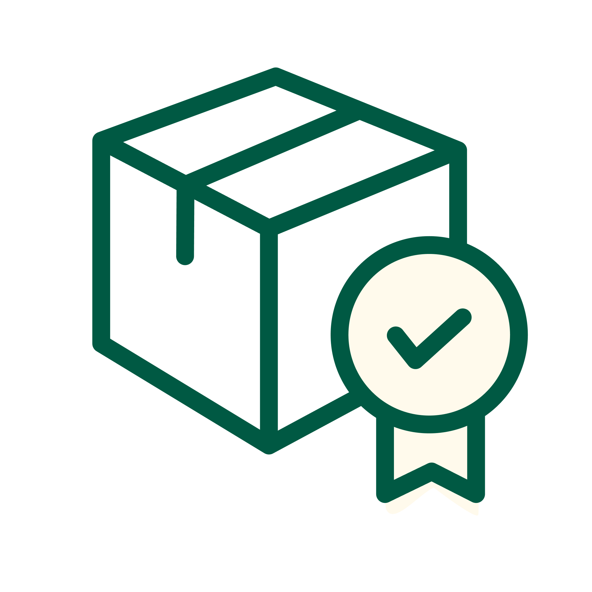 A simple line drawing of a closed cardboard box with a circular badge featuring a checkmark and ribbon, symbolizing quality assurance or approved delivery.