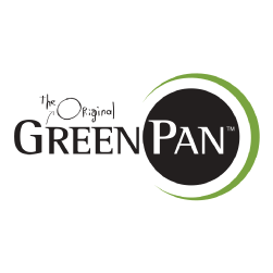 Logo for The Original GreenPan with Green in bold black text, Pan in white text inside a black circle, and a green curved line partially wrapping around the circle.