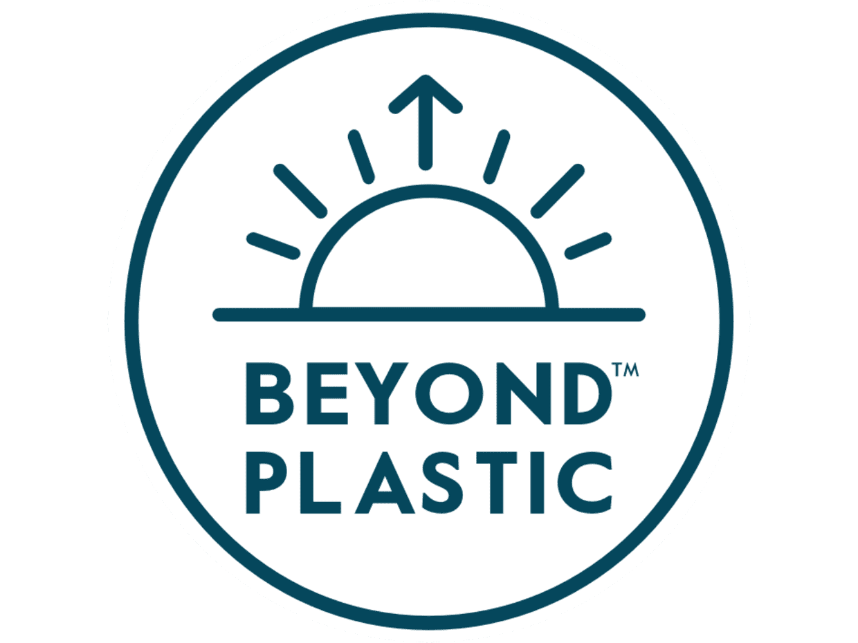 A circular logo with a stylized sun rising above a horizontal line and an upward arrow, with the words BEYOND PLASTIC in bold letters below the image.