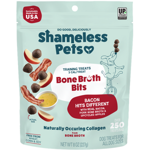 A bag of Shameless Pets Bacon Hits Different Bone Broth Training Treats features bone broth chews and natural collagen, with images of bacon, apples, and broth. Each USA-made bag contains over 250 treats.