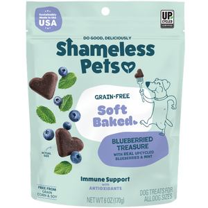 A package of Shameless Pets Blueberried Treasure Soft-Baked Dog Treats, featuring blueberries, heart-shaped treats, and a cartoon dog holding a fork.
