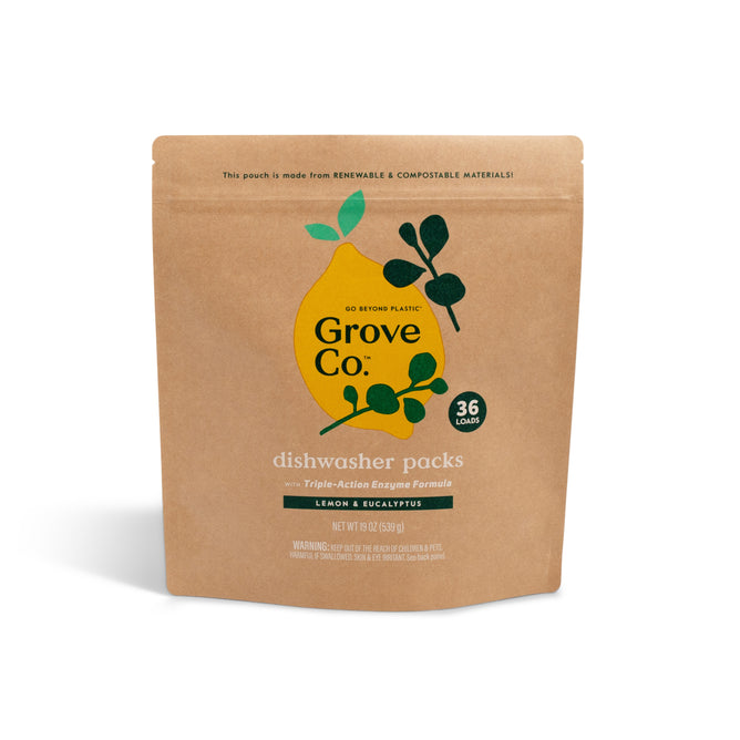 A brown Grove Co. stand-up pouch labeled 