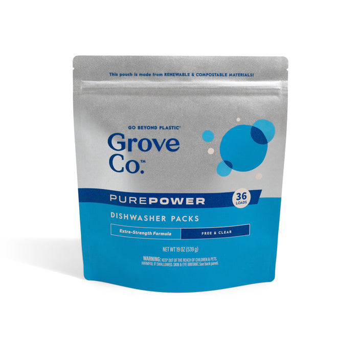 A silver and blue pouch labeled Grove Co. Pure Power Dishwasher Detergent Packs, Free & Clear, 36 Loads. This compostable detergent uses an extra-strength enzyme formula for powerful cleaning.