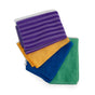 Grove Co. Assorted Cleaning Cloths, 4 pk—machine-washable microfiber in purple with stripes, yellow, blue, and green—are shown stacked on a white background for sustainable cleaning.