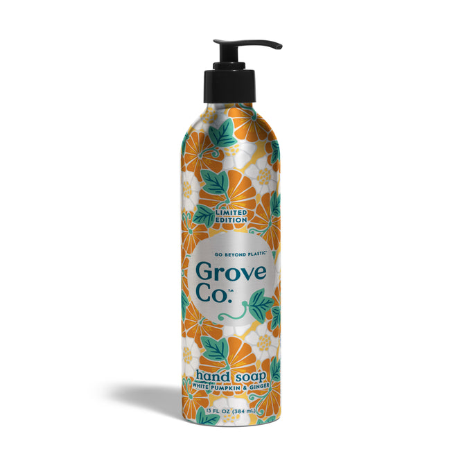 A 12 fl oz (354 ml) bottle of Grove Collaborative Hand Soap Refill + Pump – Fall Collection, featuring a label with orange pumpkins, green leaves, and “Limited Edition White Pumpkin + Ginger.”.