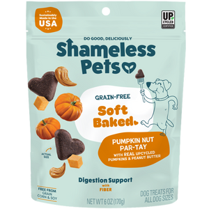 Shameless Pets Pumpkin Nut Par-Tay Soft-Baked Dog Treats are heart-shaped, made in the USA with all-natural, upcycled ingredients to support digestion.