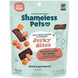 A bag of Shameless Pets Salmon Loves Butternut Jerky Dog Treats, made with wild-caught fish and omega-3s for skin & coat support, features salmon chunks, jerky bites, and an illustrated dog on a teal background.