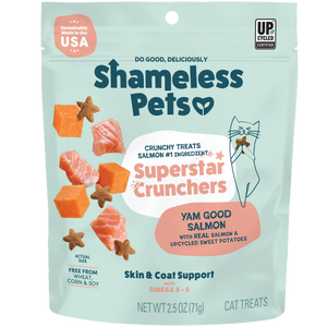 A bag of Shameless Pets Yam Good Salmon Crunchy Cat Treats, made with salmon and sweet potatoes in star shapes, features Omega 3+6 for skin, coat, and digestive support plus upcycled ingredients.