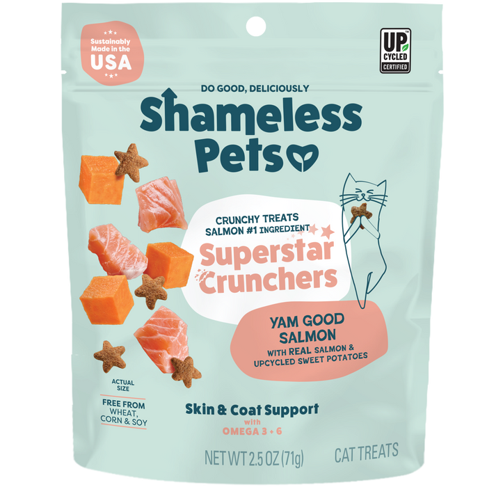 A bag of Shameless Pets Yam Good Salmon Crunchy Cat Treats, made with salmon and sweet potatoes in star shapes, features Omega 3+6 for skin, coat, and digestive support plus upcycled ingredients.