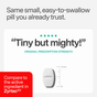 A small, white caplet with measuring lines is shown beneath the text Tiny but mighty! and Same small, easy-to-swallow pill you already trust. Cabinet Health All Day Allergy Relief Caplets deliver non-drowsy cetirizine HCl 10mg for allergy relief you can count on. Includes a note: Compare to the active ingredient in Zyrtec.