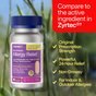 A bottle of Cabinet Health Allergy Relief Tablets - Fexofenadine HCl 180mg is pictured, featuring highlighted text: Original Prescription Strength, 24-hour Relief, Non-Drowsy, and For Indoor & Outdoor Allergies. This non-drowsy allergy medicine contains fexofenadine HCl for effective relief. A red box notes comparison to Zyrtec®.