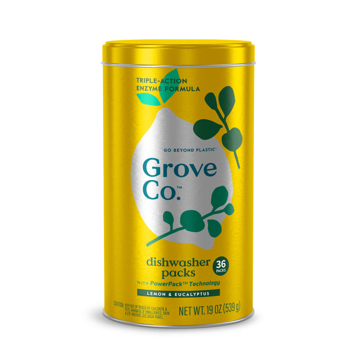Grove Co.s cylindrical, yellow Dishwasher Detergent Packs container features a green leaf design and PowerPack Technology. It holds 36 packs with a triple-action enzyme formula, lemon & eucalyptus scent, and weighs 19 oz (539 g).