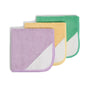The Grove Co. Microfiber Cleaning Cloths (Set of 3) in purple, yellow, and green feature white triangular corners and are neatly stacked with overlapping edges against a white background.