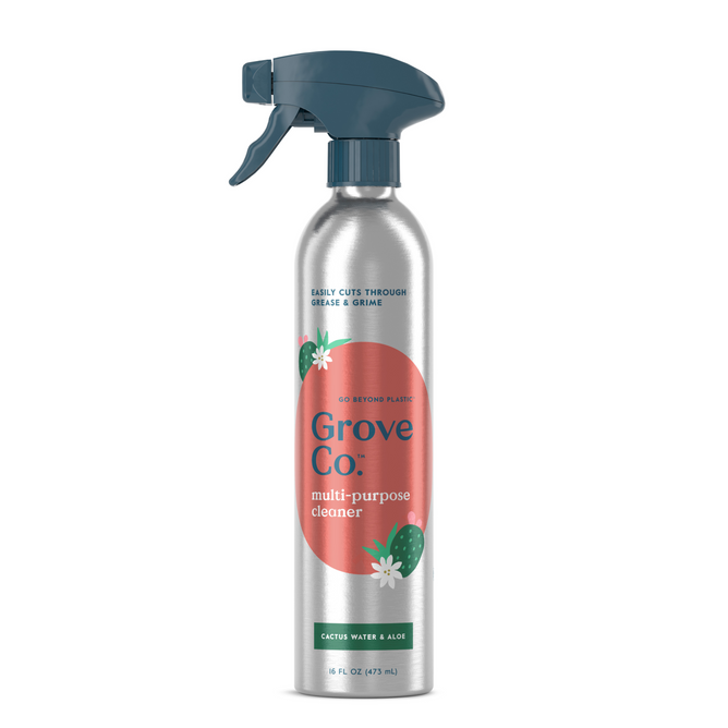 The Grove Co. Multi-Purpose Cleaner features a silver recyclable aluminum bottle with cactus and aloe designs on a red area, highlighting its ability to cut through grease and grime effectively using Cactus Water & Aloe.