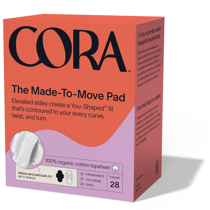 A box of Cora Made to Move Pads (28 count) features pink and orange packaging, a 100% organic cotton topsheet, You-Shaped™ fit for comfort, and is fragrance-free, chlorine-free, dye-free, with enhanced leak protection.