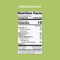 Nutrition facts label for blume Organic Matcha Coconut Latte Powder on a green background: 15 calories per 1 tsp (3.3g), 0.5g fat, 2g carbs, 1g fiber, 0g protein, and no added sugars per serving.