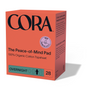 The Cora Peace of Mind Pad, in an orange box labeled OVERNIGHT, contains 28 pads with a 100% organic cotton topsheet. A New Now 2x Drier badge appears on the packaging alongside visible product details.