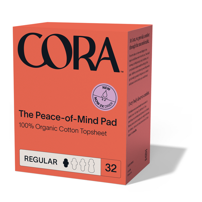 A box of Cora Peace of Mind Pad, regular absorbency with a 100% organic cotton topsheet. Each pack contains 32 leak-proof pads in orange and pink packaging, featuring product details and icons on the front.