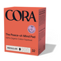 A box of Cora Peace of Mind Pad, regular absorbency with a 100% organic cotton topsheet. Each pack contains 32 leak-proof pads in orange and pink packaging, featuring product details and icons on the front.