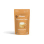 A stand-up pouch of blume Organic Salted Caramel Latte Powder, caffeine-free with maca, provides 25 servings per pack. The packaging features a latte mug illustration.