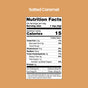Nutrition facts label for blume Organic Salted Caramel Latte Powder on a tan background: 15 calories per 1 tsp (4g), 0.5g fat, 3g carbs, 1g added sugars, maca, caffeine-free latte style, plus 40mg sodium and 0g protein.