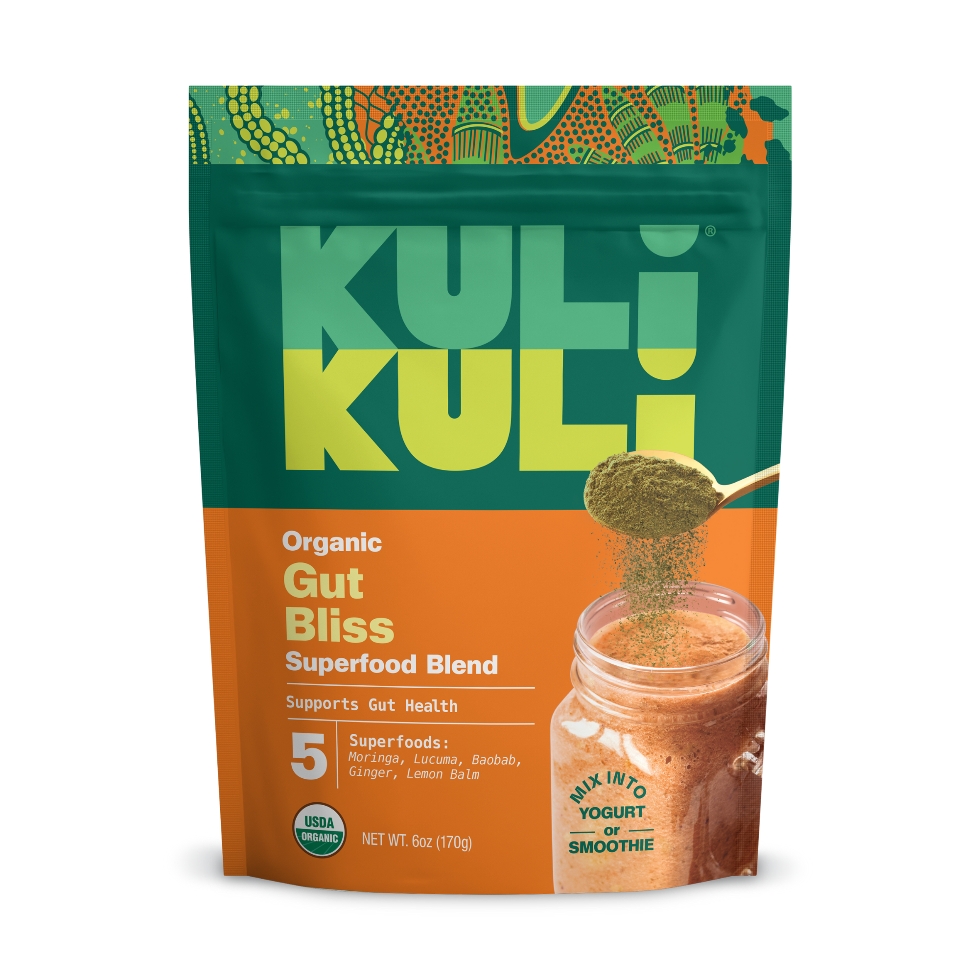 A resealable pouch of Kuli Kuli Foods Gut Bliss Organic Superfood Blend, with green and orange design, shows a spoon pouring prebiotic fiber-rich powder into a mason jar and highlights gut health benefits and superfoods.