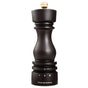 A black Cole & Mason wood salt grinder with a curvy design, ceramic grinding mechanism, silver top adjustment knob, and grind size markings at the base.
