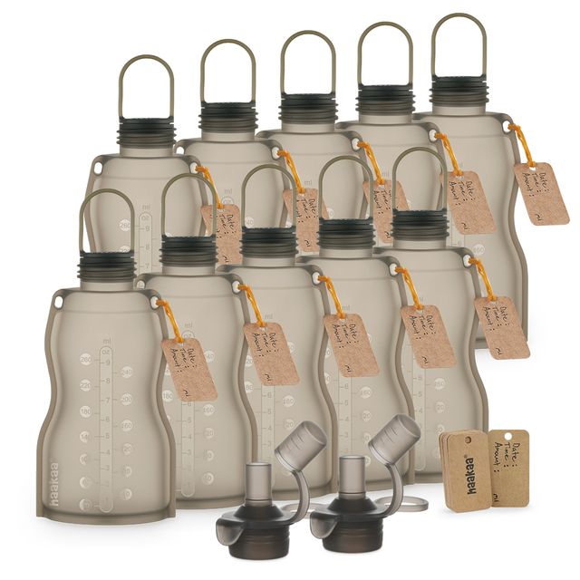 Ten Haakaa Combo Pack silicone breast milk storage bags & sippy spouts, 9oz each, are arranged in rows with slight overlap. Each pouch features measurement markings and a loop cap; two extra interchangeable tops are placed in front.