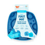 The West Paw Seaflex Bubbles Feast Mat is a blue, two-sided slow feeder and lick mat made from recycled ocean-bound plastic, with textured surfaces for pet enrichment and eco-friendly packaging.
