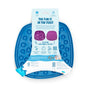 The West Paw Seaflex Bubbles Feast Mat, an all-in-one blue, square slow feeder and lick mat for pets, is displayed in its packaging featuring product info and illustrations with purple and blue text on a white background.
