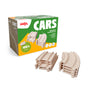 A HABA Cars Expansion Set made from 100% recycled materials is shown with curved wooden tracks in front. The green and yellow box highlights this eco-friendly toy, perfect for building toddler race tracks for ages 2 and up.
