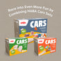 Three vibrant HABA Cars toy sets, including the Cars Expansion Set made from 100% recycled materials for ages 2+, are shown on a beige background with “Race into Even More Fun by Combining HABA Cars Sets” above—ideal for your toddler’s race track.