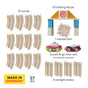 The HABA My First Racetrack is made from 100% recycled materials and includes 12 curves, 4 straights, 1 intersection, 8 blocks, and 2 push-and-go race cars (27 pcs). Made in Germany for ages 2+.