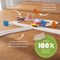 The HABA My First Racetrack—made from 100% recycled materials—features eco-friendly tracks and cars, perfect for toddlers aged 2+. Labels showcase its sustainable build using recycled ABS and other recycled components.