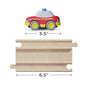 A red toy car with yellow wheels and a blue light (3.5 wide) sits above a beige wooden track piece from HABAs My First Racetrack - 100% Recycled Materials, 2+ Years (6.5 wide), both widths shown by arrows and labels.